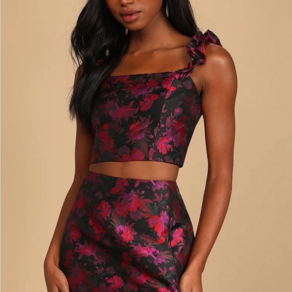 Lulus Garden Delights Black Floral Jacquard Ruffled Crop Top & Mini Skirt Set